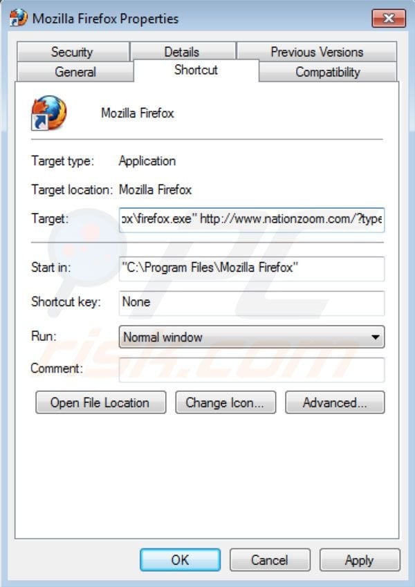 Removing nationzoom.com from Mozilla Firefox shortcut target