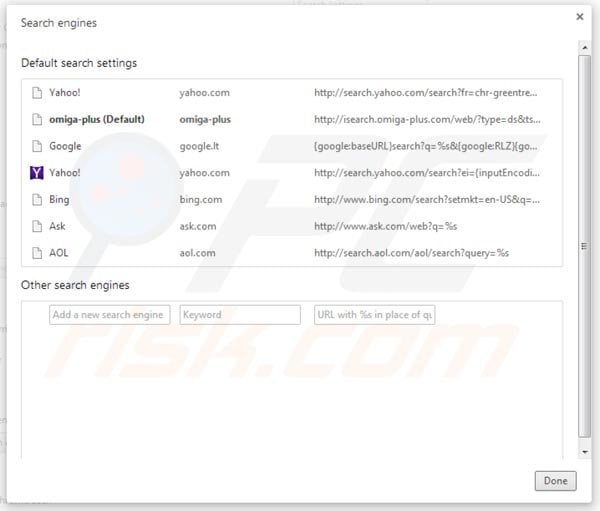 Removing omiga plus from Google Chrome default search engine settings