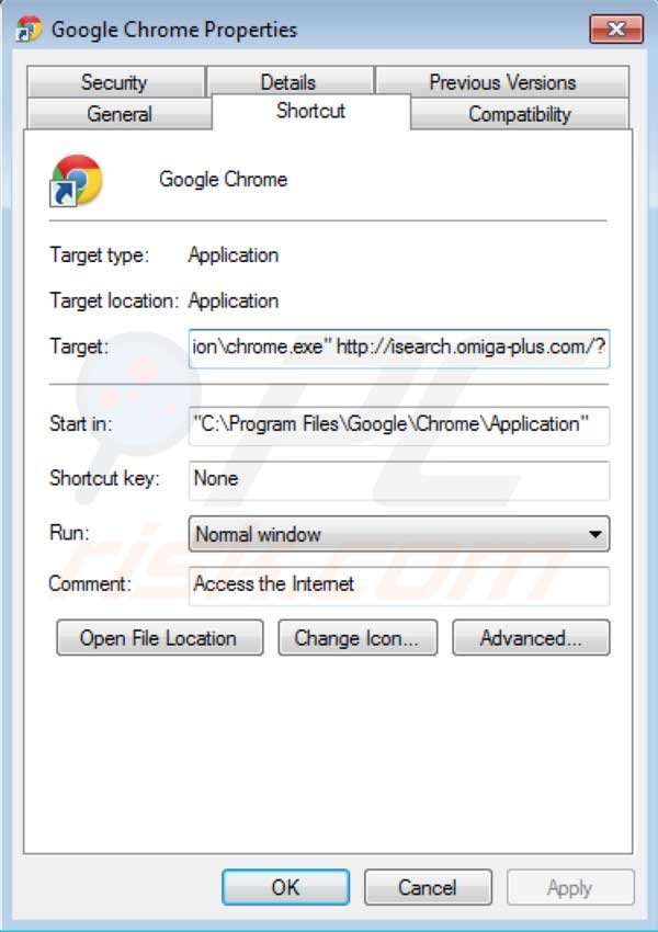 Removing Omiga plus removal from Google Chrome shortcut target