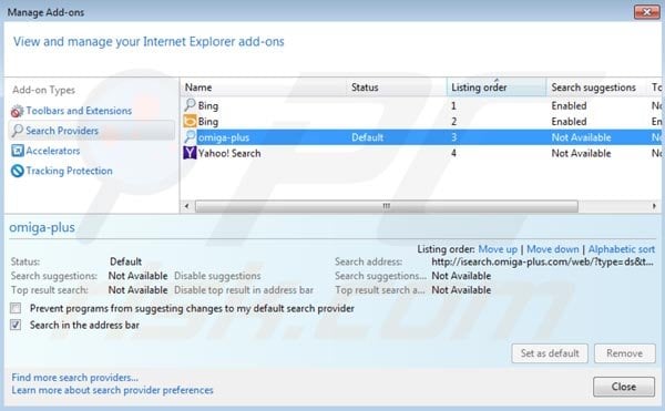 Omiga plus removal from Internet Explorer default search engine settings
