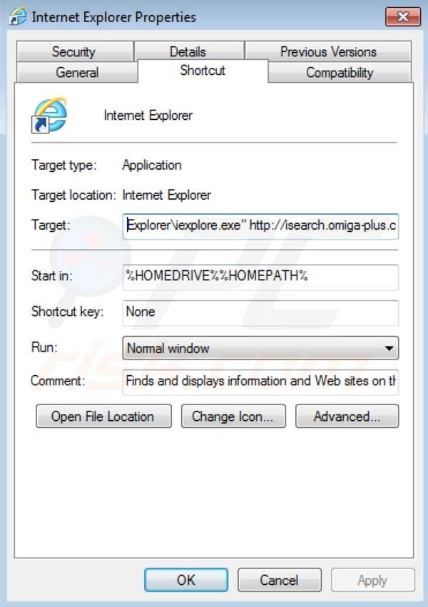 Removing isearch Omiga plus redirect virus removal from Internet Explorer shortcut target