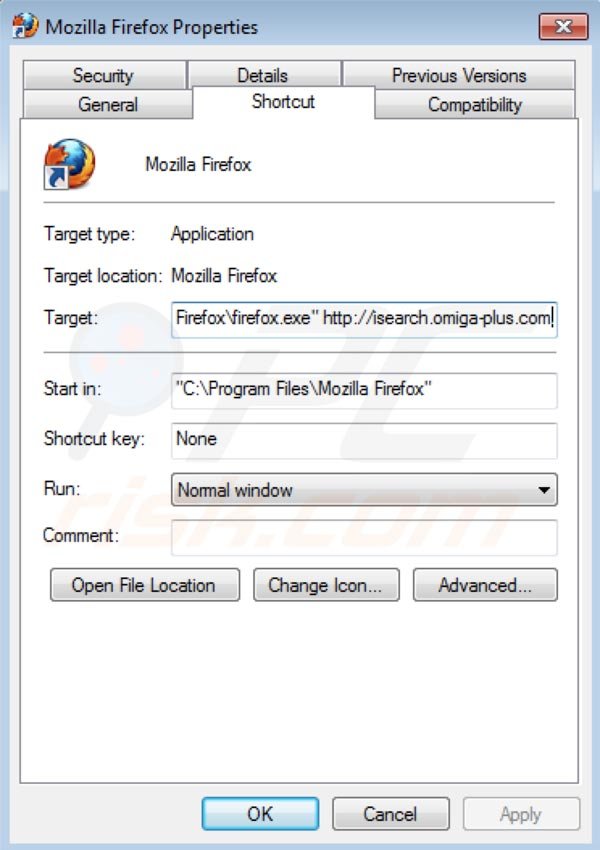 Omiga plus removal from Mozilla Firefox shortcut target