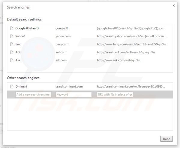 Removing search.ominent.com from Google Chrome default search engine