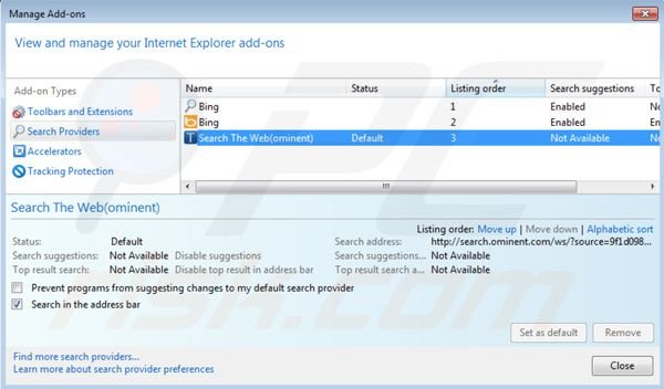 Removing search.ominent.com from Internet Explorer default search engine