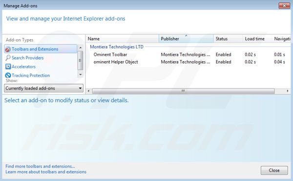 Removing search.ominent.com from Internet Explorer extensions
