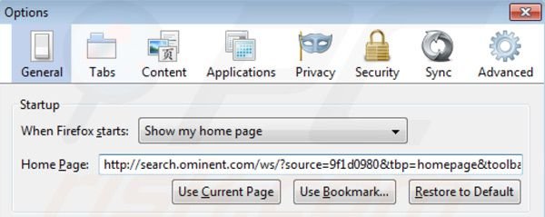 Removing search.ominent.com from Mozilla Firefox homepage
