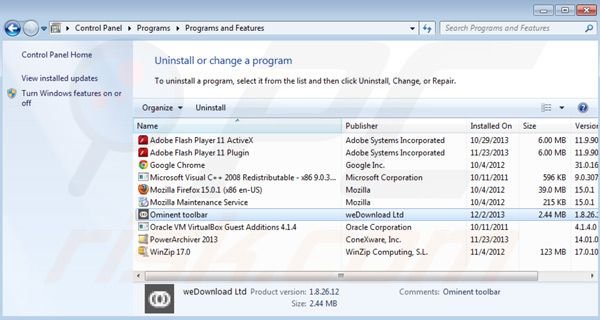 Uninstalling search.ominent.com from Control Panel