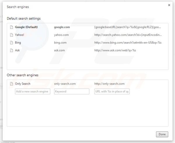 Only-search.com removal from Google Chrome default search engine setings