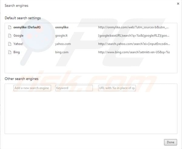 Onmylike default search engine in Google Chrome