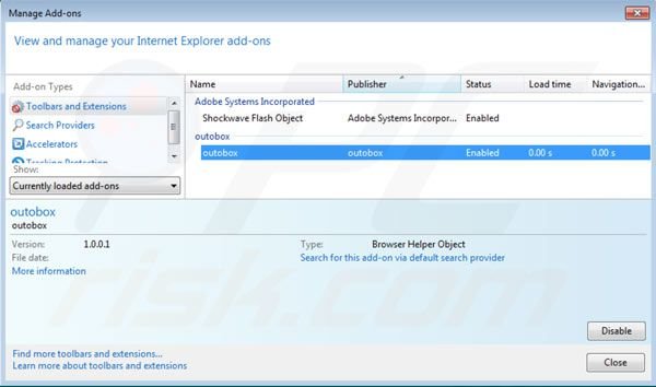 Outobox removal from Internet Explorer extensions step 2
