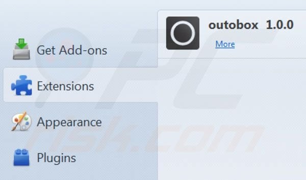 Outobox removal from Mozilla Firefox extensions step 2