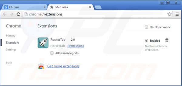 Removing Rocket tab ads from Google Chrome step 2