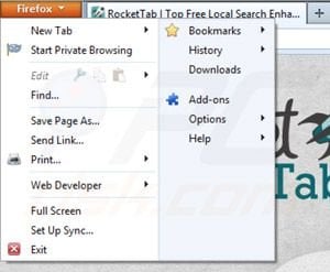 Removing Rocket tab ads from Mozilla Firefox step 1