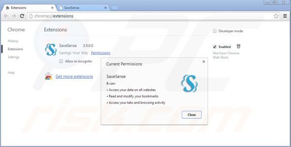 Removing Savesense from Google Chrome step 2