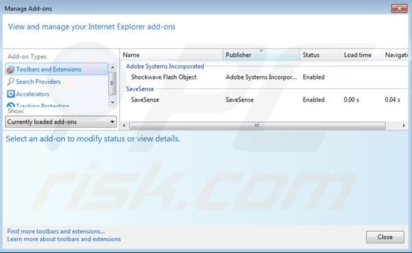 Removing Savesense ads from Internet Explorer step 2