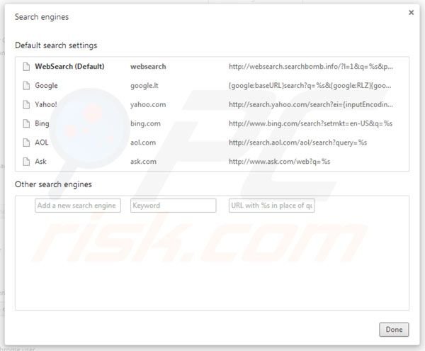 Removing websearch.searchbomb.info from Google Chrome default search engine settings