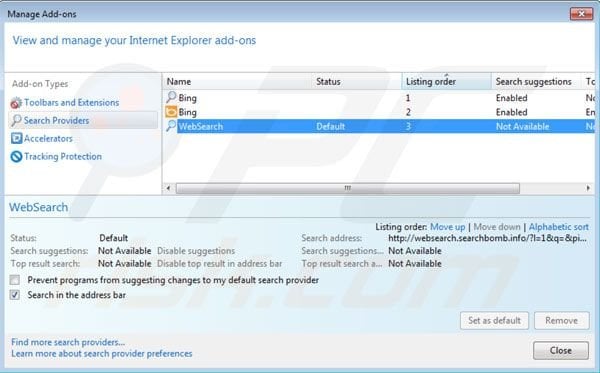 Removing websearch.searchbomb.info from Internet Explorer default search engine settings