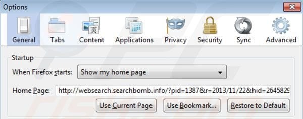 Removing websearch.searchbomb.info from Mozilla Firefox homepage