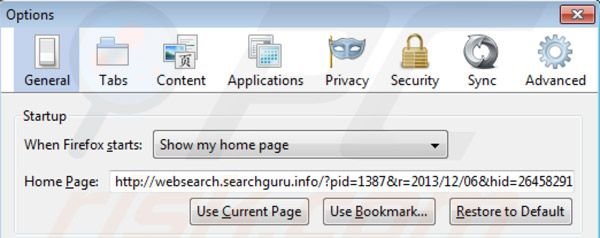 Removing websearch.searchguru.info from Mozilla Firefox homepage