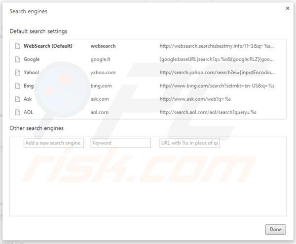 websearch.searchisbestmy.info removal from Google Chrome default search engine settings