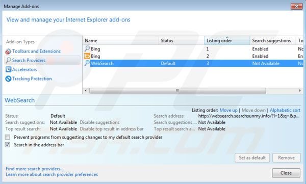 Removing searchsunmy.info from Internet Explorer default search engine