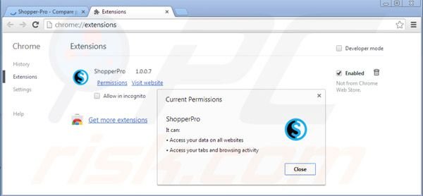 Removing Shopper Pro from Google Chrome step 2