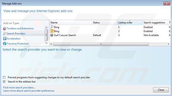 Removing Surf Canyon from Internet Explorer default search engine settings