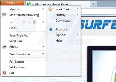 SurfEnhance removal from Mozilla Firefox extensions step 1