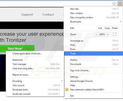 Removing Trontizer from Google Chrome step 1