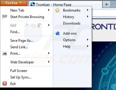 Removing Trontizer from Mozilla Firefox step 1