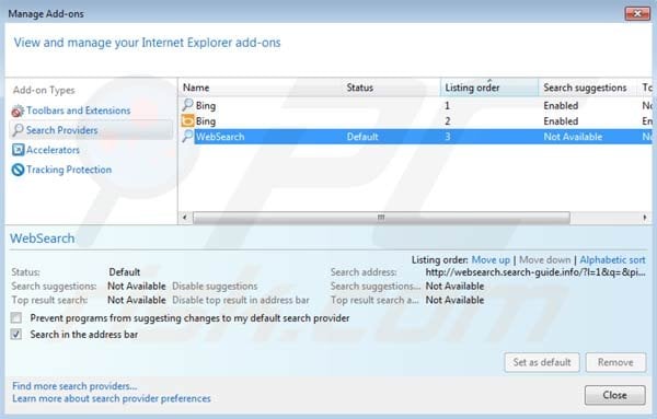 Websearch.search-guide.info removal from Internet Explorer default search engine settings