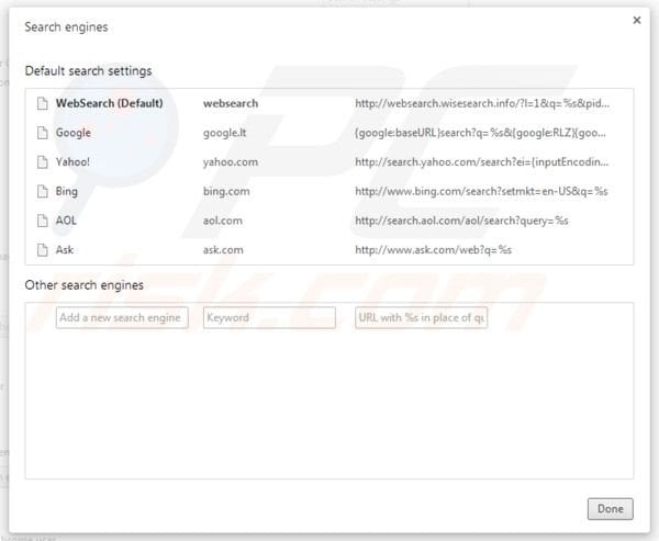 Websearch.wisesearch.info removal from Google Chrome default search enigne settings