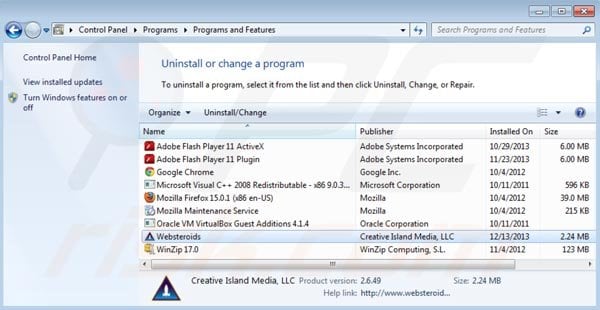 Websteroids uninstall from Control Panel