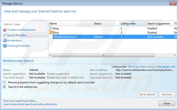Removing search.whitesmoke.com from Internet Explorer default search engine settings