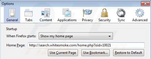 Removing search.whitesmoke.com from Mozilla Firefox homepage