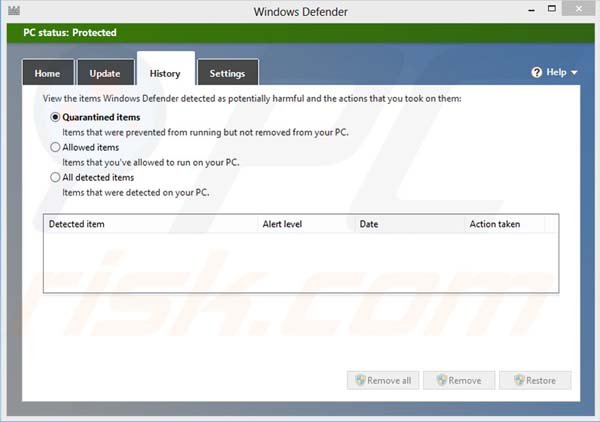 Windows Defender history of quarantined files