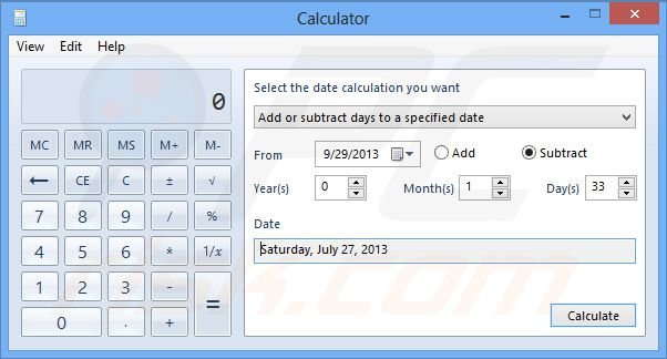 Windows 8 date calculation substraction