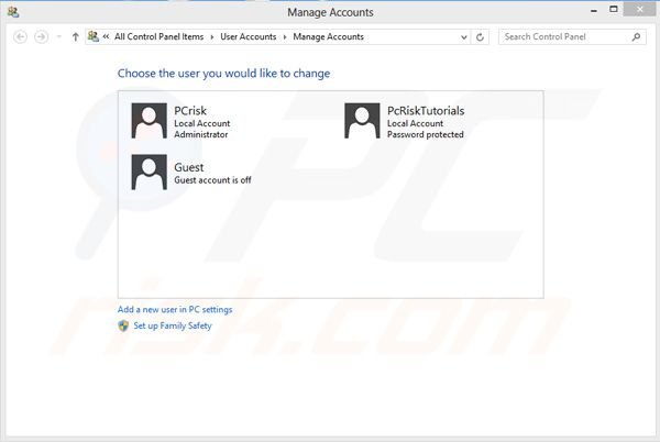 How to remove user account in Windows 8 step 2