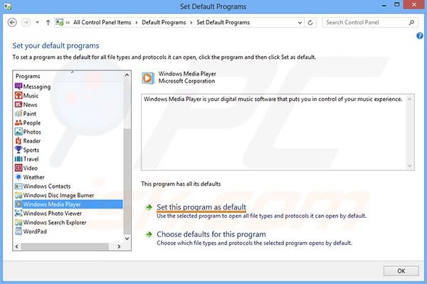 Changing default media player in Windows 8 step 4