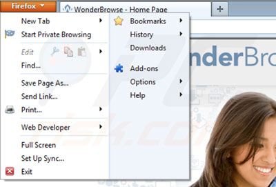 Removing WonderBrowse from Mozilla Firefox extensions step 1