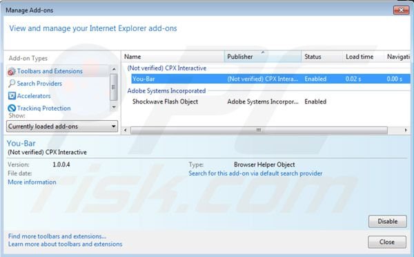 Removing You-bar from Internet Explorer step 2