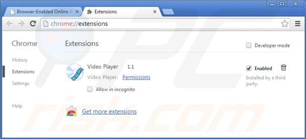 Removing ads by video player from Google Chrome extensions step 2
