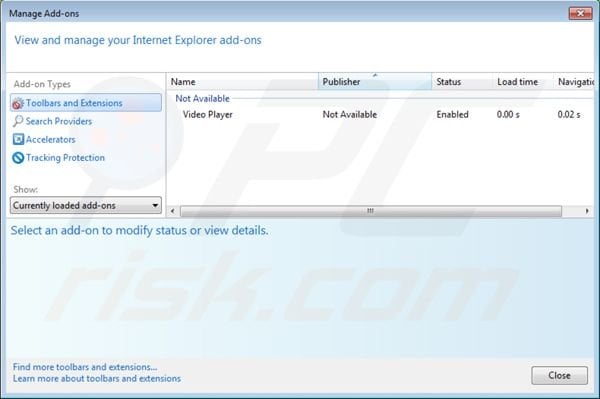 Removing ads by video player from Internet Explorer extensions step 2