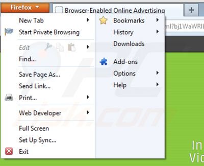 Removing ads by video player from Mozilla Firefox extensions step 1