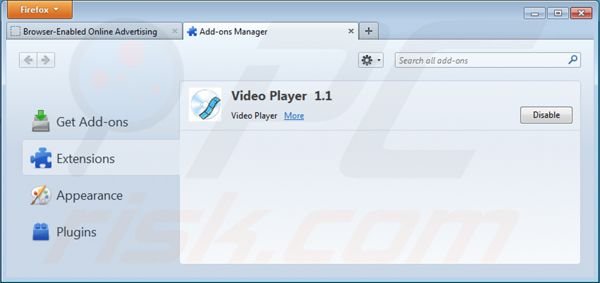 Removing ads by video player from Mozilla Firefox extensions step 2