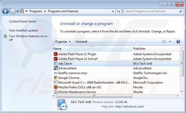 ads clever uninstall via Control Panel