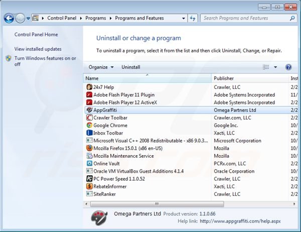 App Graffiti uninstall via Control Panel
