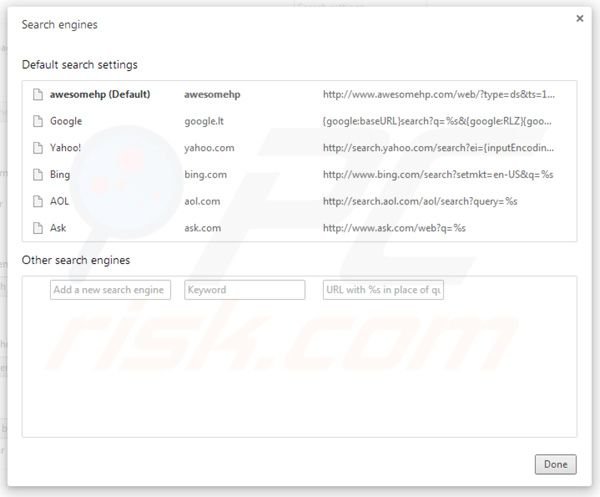 Removing awesomehp.com from Google Chrome default search engine settings