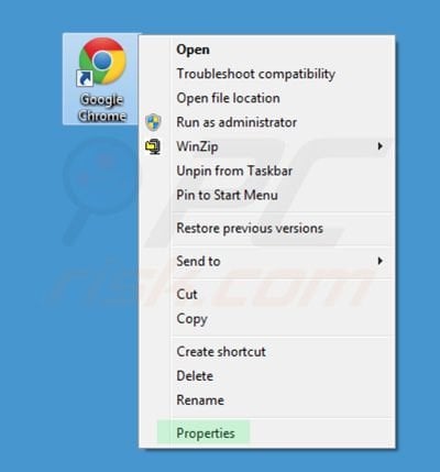 Removing awesomehp.com from Google Chrome shortcut target step 1