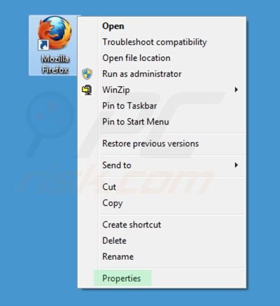 Removing awesomehp.com from Mozilla Firefox shortcut target step 1